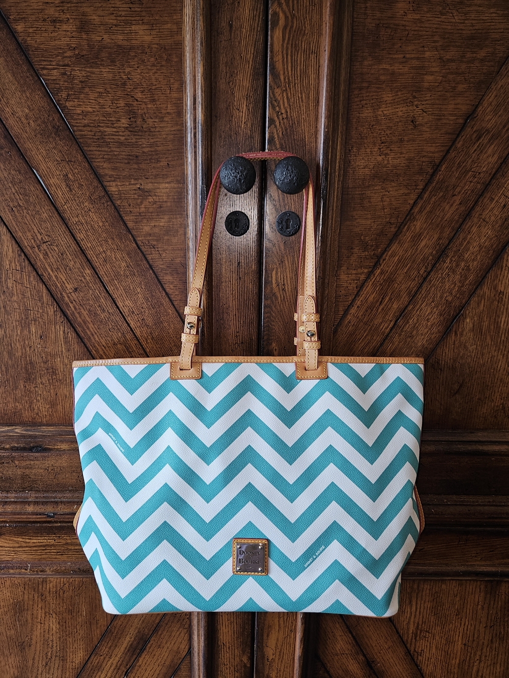 Dooney & Bourke Teal and White Chevron Leather-Trim Tote